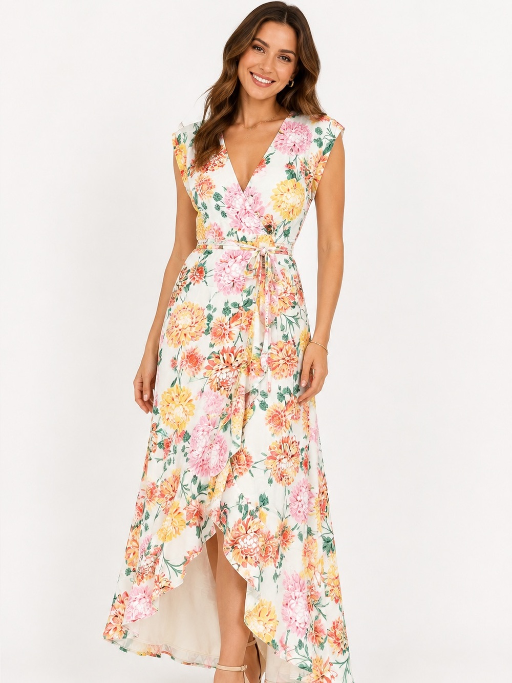 Yumi Kim Santorini Wrap Dress Large NWT Ivory Floral High Low Ruffle